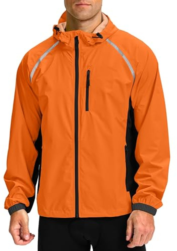 Bikewa Men's Cycling Rain Jackets Waterproof Running Bike Windbreaker Hooded Reflective Biking Windproof Bicycle Riding(Orange/Black,L)