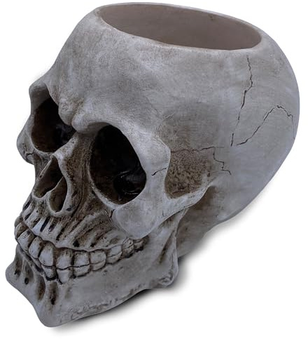 Objectz Totenkopf Gefäß/Schüssel/Vase für Gothic Deko, Halloween, Blumentopf, Brillenhalter, Klobürste, Krimskrams – Schädel mit extra Toilettenbürste