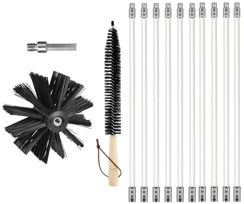 DXDRT 6.1M/20 FT Chimney Sweep Kit, Chimney Cleaner, Chimney Cleaning Tools with 10 Nylon Flexible Rods + Brush Head + 1 Long Brush + 1 Drill Connector, Rotary Drill Drive Chimney Brush Kit