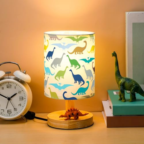 VIHOSE Forest Dinosaur Kids Table Lamp for Bedroom Kids Bedside Lamp with Linen Wooden Nightstand Cartoon Nursery Lampshade for Girls Boys Living Room