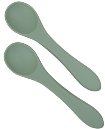 THERMOBABY – Juego de 2 cucharas de silicona para bebé – Cucharas de bebé a 1ª edad – A partir de 4 meses – Punta redondeada – Mango largo y ergonómico – Verde salvia