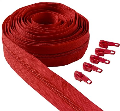 IPEA Endlos Reißverschluss Rot 5 Meter + 15 Schieber aus Metall – Kette Größe #5 – Made in Italy – Durchgehender Reißverschlüsse mit Zipper aus Nylon – Zuschneidbar für Meterware – Breite 30 mm
