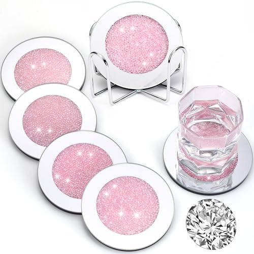 Jetec 6 Pcs Mirrored Glass Coasters with Holder, Bling, Pink, 4 Inch | Mirrored Round Drink Coasters with Rhinestone Glitter, Bling Accent for Kitchen Bar, Protects Surfaces, Elegant Gift for Home