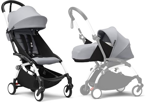 Stokke YOYO3 Kinderwagen mit Neugeborenen Set - Enthält weißem Rahmen, YOYO 6 + Textilset (Stone) & 0 + Neugeborenen Set (Stone)