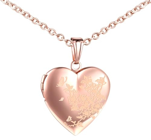 MICMIF Collana Donna Foto Personalizzata Medaglione con Fiori e Farfalle, Acciaio Inossidabile Ciondolo Cuore Medaglione per Foto Portafoto con Catena 50cm Gioielli per Mamma Moglie Fidanzata