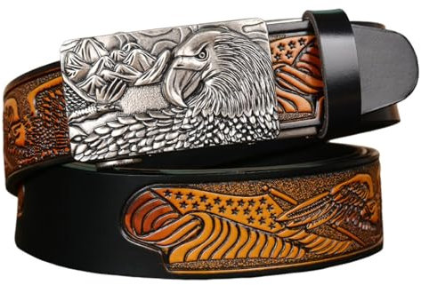 NALANY Leder Western Schnalle Schwarzer Gürtel Cowboy 3D-skulptur Silber Adler Automatikschließe Guertel Geprägte Cowboy Ledergürtel Für Herren,3,5cm Breit(115cm/45, Eagle-F)