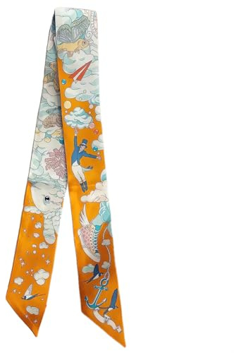 COtheSumay Mulberry Silk Scarf for Handbags & Purses, 2''x35'' Hair Ribbon Skinny Neck Scarves for Women (Cloudy Dreams Orange)