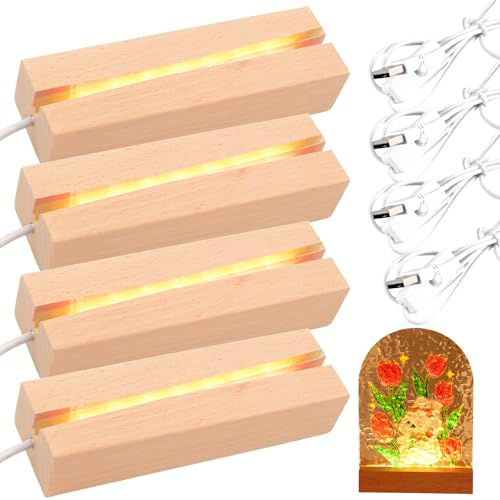 4 Stück Led Sockel Holz, LED Holzsockel, Led Lichtsockel, Warme Farben Holzaufsteller, USB Holzlicht Basis, Rechteckiger Beleuchteter Holzsockel für Glasblock Kristalle Glas Harz Kunst Ornament