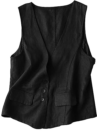 Linneväst dam sommar – linnejacka ärmlös stora storlekar sommarjacka V-ringad linneblus elegant kostymväst linne blazer ärmlös kostymväst damvästar kostym väst lätt damväst, svart, XXL