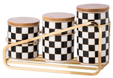 XYQXYQ Kitchen Countertop Ceramic Checkered Canisters Set, 3Pcs Grid Pattern Kitchen Jars with Layered Shelves, Sealed Countertop Flour and Sugar Containers, Coffee and Tea Storage