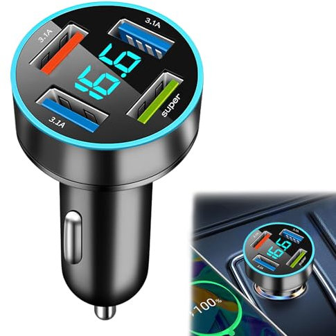 Caricabatterie Auto USB 66W, 4 Porte [3 USB A3.1A+ 1 66W] Presa a Ricarica Rapida 12V con Voltmetro LED, Caricatore Accendisigari Rapido Universale pephone/Android/