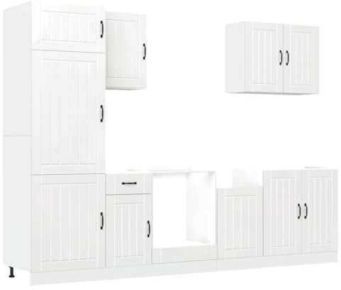 vidaXL Kalmar Kitchen Furniture Set, 7 Pieces, White Wood Plywood, Kitchen Furniture Set, Cabinet Set, Storage Shelves