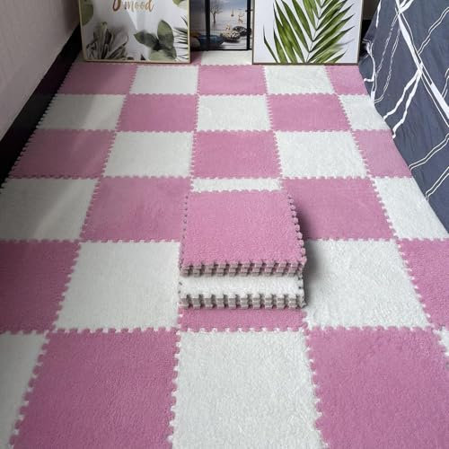 Weiche, ineinandergreifende Teppichfliesen, 16 Schaumstoff-Puzzle-Bodenmatten mit Bordüren, 30,5 x 30,5 cm, flauschige quadratische Teppiche für Zuhause, Spielzimmer, Dekoration (Rosa + Weiß)