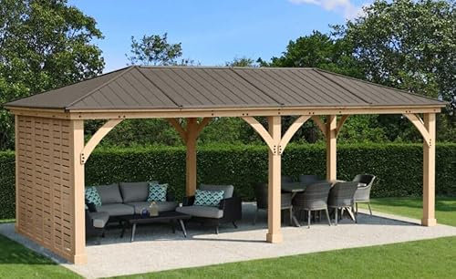 Heavy Duty Cedar Meridian Gazebo 12ft x 24ft (3.7m x 7.4m) with a, Solid Single Slat Framework, Single Privacy Wall