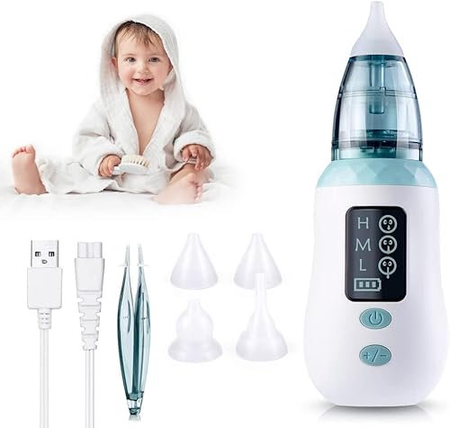 Nasensauger, Wiederaufladbarer Baby Nasensauger mit 3 Saugstufen, USB Multifunktions Nasensauger und Rotz Sauger, Automatischer Baby Nasensauger mit 4 wiederverwendbaren Düsenspitzen