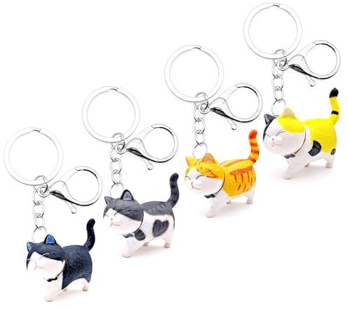 JZK 4x Cute chubby cat keyrings, 3D mini toy cat with keychain, cat themed birthday party favours gadget, kids party bag fillers giveaways thankyou gift, cat lover gift