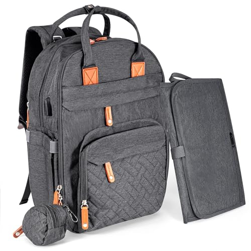 M.J COMFY-LIFE Baby Changing Bag Backpack, Large Multifunction Nappy Bag with Portable Changing Mat, Pacifier Holder, Insulated Pockets, and Stroller Straps for Mom & Dad (Dark Gray)