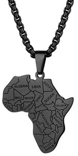 Flongo Afrikanischer Karte Halskette für Männer: Schwarz Edelstahl Anhänger Herrenkette Rost und lichtbeständig Verstellbare Kette mit Afrika Kontinent Geschenk für Ostern Vatertag