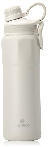 SANTECO Borraccia in acciaio inox, 830 ml, senza BPA, con anello portatile, a prova di perdite, lavabile in lavastoviglie, per corsa, bici da corsa, palestra, escursionismo, colore bianco
