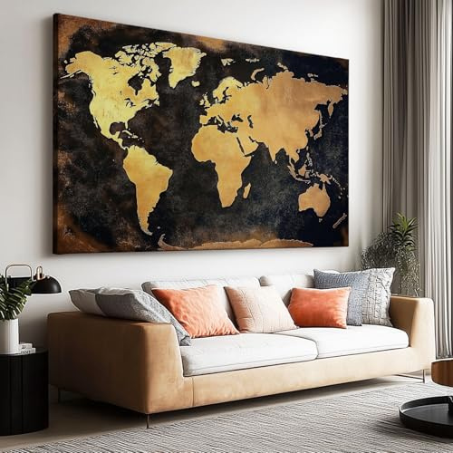 Großes Leinwandbilder Wandbilder Goldene Weltkarte.bild auf leinwand Wandkunst Modern Aesthetic XXL Kunstdruck Deko für Wohnzimmer Schlafzimmer Geschenk 120x80cm
