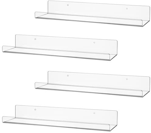 CECOLIC Confezione da 4 Mensole Sospese in Acrilico Trasparente per Parete, Mensola Espositiva da Parete in Plastica da 15'', Libreria per Bambini e Porta Spezie per Camera da Letto e Bagno