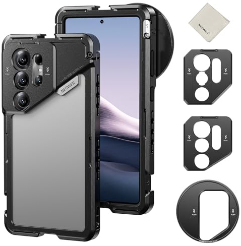 NEEWER S25 Ultra Mobile Phone Cage, Mobile Video Rig Stabiliser with 67 mm Filter Adapter, 17 mm Lens Back Plate, T Mount Adapter Compatible with Moment Samsung Galaxy S25 Ultra, 1 x Cleaning Cloth