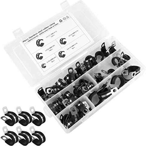 HOMSFOU 48pcs Stainless Steel Cable Clamp Rubber Cushion Pipe Metal Clamp Assortment Kit for Cable Management in Workshop