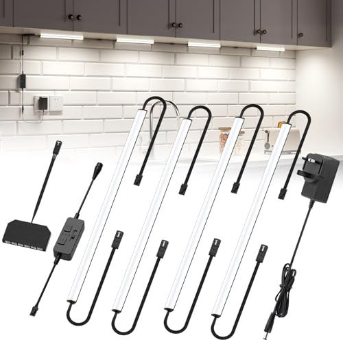 HUDYOGY Under Shelf Lighting Slider Dimmer, Timer & CCT, Plug-in 12Inch 12W Lights for Gun Safe, Curio Cabinet, Kitchen, Bookshelf (4 Bars Kit)​​
