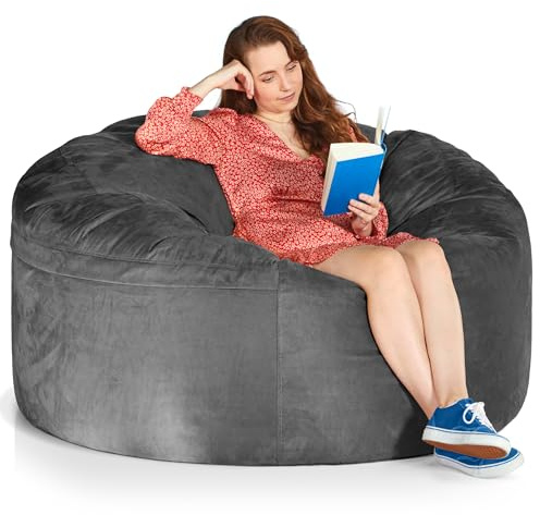 Green Bean Jumbo Max Riesensitzsack mit Memory-Schaum Flockenfüllung – Sitzsack XXL aus flauschigem Velours in 5ft (150x120cm) Dunkelgrau – Indoor Lounge-Sitzsack waschbar & gemütlich
