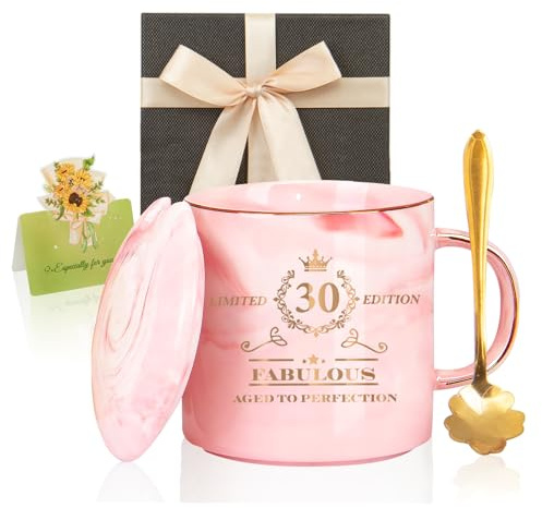 Geschenk 30. Geburtstag Frauen, 400 ml Keramik Tasse, in Marmoroptik mit Deckel, Golddruck, Geschenkverpackung & Grußkarte, Geschenkidee für Frau, Mutter, Tante, Beste Freundin, Oma