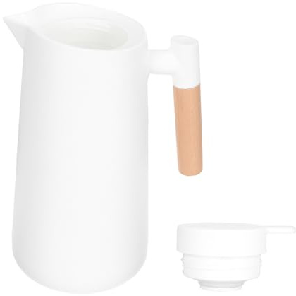 FONDOTIN Jarra Térmica Doméstica 1.2l Asa De Madera, Interior De Vidrio, Aislamiento Térmico Portátil, Para Café y Té, Uso Familiar y Oficina, Color Blanco