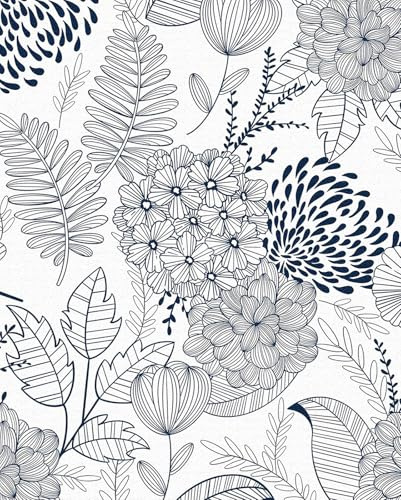ANLIKY-Pro Tapete Blau Weiß Vintage Blumenmuster Möbelfolie Selbstklebend, Wasserdicht Deko Klebefolie für Schrank Möbel Wandposter Retro Linien, 44x300cm Wohnzimmer Schlafzimmer Küche Bad.