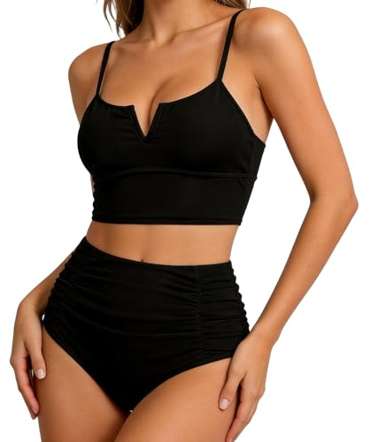 nnOuOnn Women's High Waisted Bikini Set, Tummy Control 2 Piece Swimsuit UK, Ladies Swim Wear for Beach Summer V-Wired Neckline Design with Removable Bra Pads