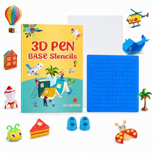 3D Stift Schablonen Set, 3D Pen Base Stencils Zeichenbuch mit 65 Vorlagen, Transparente Zeichenplatte, Silikonmatte Unterlage 17,7 cm und 2 Fingerschützer, 3D Stift Zubehör für Kinder Anfänger DIY