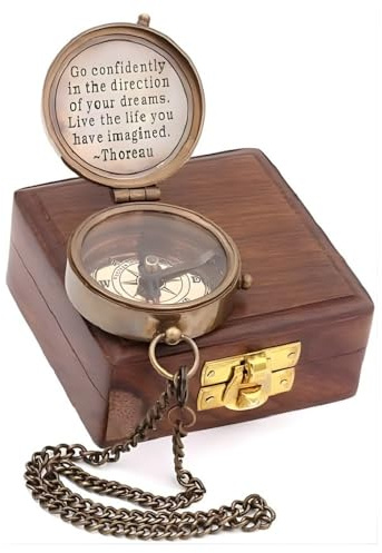Solid Brass Compass | Antique Nautical Design with Thoreau Quote | Directional Magnetic Compass in Rosewood Case | Portable Pocket Size for Outdoor Adventures | Inspirational Gift for Collectors