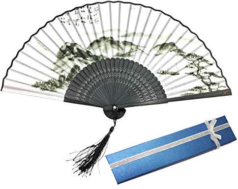 Libetui Handfächer Vintage Japan Stil – Fächer mit Bergmotiv | Klappfächer aus Bambus & Stoff, Weiß-Schwarz, für Sommer, Hochzeit, Kostüm, Wanddeko, mit Geschenkbox