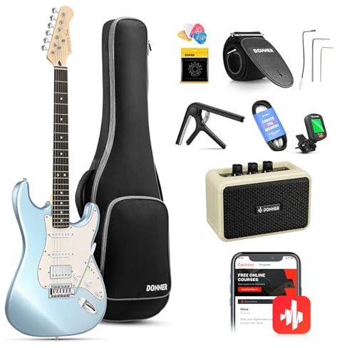Donner Chitarra Elettrica, DST-152R Kit Chitarra Elettrica HSS Pickup Coil Split, Chitarre Elettriche per Adulti con Amplificatore, Borsa, Accessori