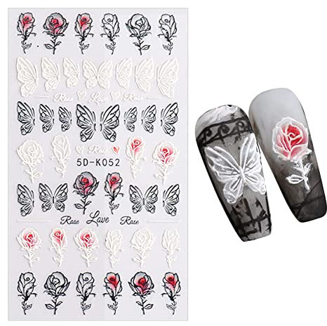Surakey 5D Nagelsticker Blumen Selbstklebend Nagelaufkleber, Schmetterling Rose Blumen Nail Art Stickers Decals Selbstklebende Kunst Aufkleber für Damen Frauen Mädchen DIY Nageldesign Zubehör