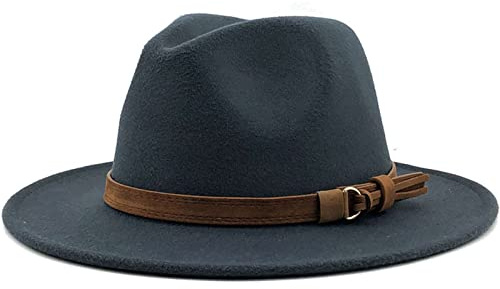 WINDEHAO Sombrero Fedora de ala ancha ajustable y clásico para hombre y mujer, sombrero de fieltro vintage Panamá, gorra de jazz para iglesia (gris profundo)