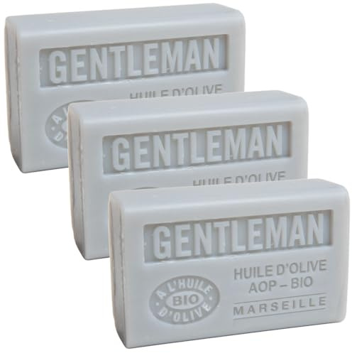 Label Provence Nature Savon de Marseille - Pflegende französische Seife aus reinem Bio-Olivenöl und Sheabutter - Gentleman-Duft - 125 g Riegel - 3er-Set