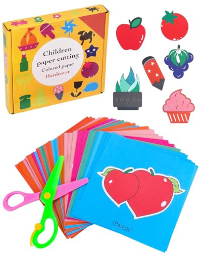 Set da taglio di carta per bambini, 1 paio di forbici di sicurezza per bambini + 96 fogli di carta, divertente taglio di carta e attività fai da te, giocattolo educativo fai da te, per bricolage,