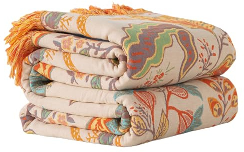 Boho Throw Blanket for Bed - 100% Cotton Ultra Soft Luxury Throw Rustic Fall Quilt,Bird Printed Farmhouse Decor Bed Blankets,Throw for Living Room Sofa Couch Chair (Boho Flower, 150X200CM)