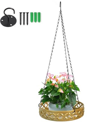 Fiita 1 hängeblumentopf mit Holzsockel, Metallring und Aufhängeschlaufe, runde hängende Pflanzgefäße für den Innenbereich, Schwarze hängende Pflanzgefäße für Wände und Decken