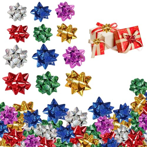 WUERKIYA Bunte Geschenkschleifen, Mini-Weihnachtsschleifen Geschenkschleife Mini Geschenkband Set Selbstklebend 100 Stück 3.8cm/5cm Zufällige Farben Metallisch