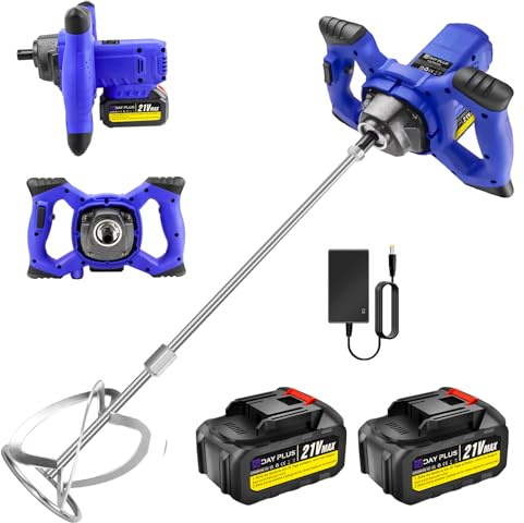 Cordless Concrete Mixer Paddle Mixer 2600W Paint Mortar Mixer with 6 Speed Plaster Mortar Paint Cement Stirrer Whisk Mixer with 2x1.5Ah Battery and Charger