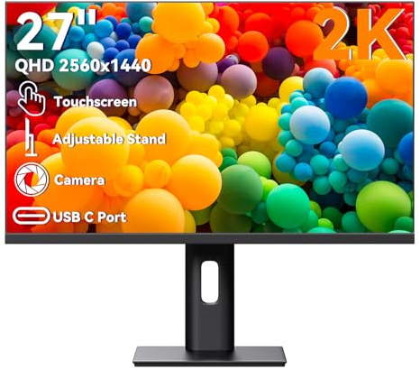Pisichen Touchscreen Monitor 27 Inch 2K 100Hz Gaming Monitor with Camera, QHD 2560x1440 IPS PC Monitors, 10-Point Multi Touch Screen Computer Monitors, with USBC HDMI Ports, Built-in Speakers
