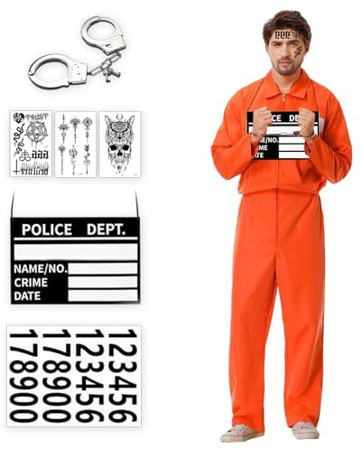 Disfraz Preso Hombre, Disfraz de Prisión Naranja, Disfraz de Prisionero, Mono de Prisionero, Disfraz de Convicto, Disfraz de Prisionero Naranja para Adultos, para Cosplay, Halloween, Carnaval (L)