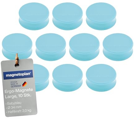 magnetoplan Ergo-Magnete, Large | 10 Stück, Babyblau | Hohe Haftkraft von 2,0 kg | ØxH 34x12,5mm | Für Kühlschrank, Whiteboard, Magnettafel und alle magnetischen Oberflächen