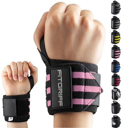 Fitgriff® Muñequeras Gym Hombre y Mujer - Accesorios para Gimnasio, Musculacion, Fitness - Wrist Wraps (Negro/Rosa)