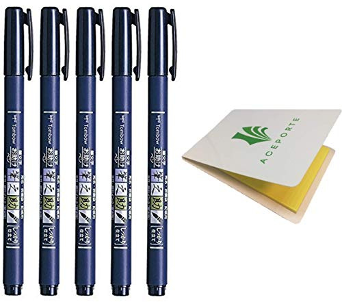 Tombow Fudenosuke Fude Brush Pen Hard (GCD-111) x5 Set, with Original Sticky Notes – Great for Calligraphy, Art Drawings, Illustration, Manga